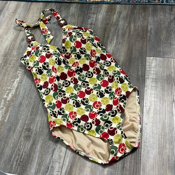 Lands’ End floral polkadot print one piece halter swimsuit - Picture 1 of 9
